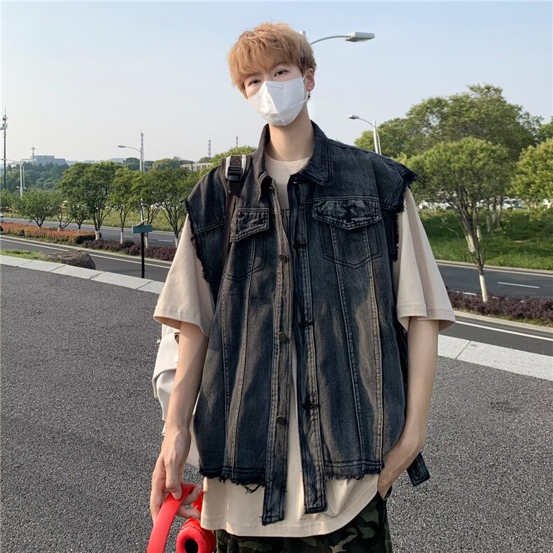 美式潮牌暗黑复古痞帅街头小众毛边牛仔马甲坎肩外套男MJ861-P55,男装背心/马甲,星座1008