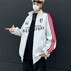美式复古拉链条纹开衫外套男女秋季运动宽松情侣夹克-Y8055，男装夹克，星座813-2