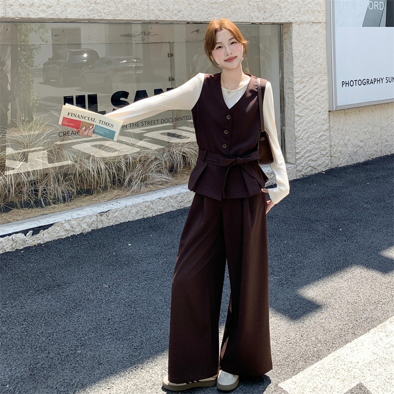 轻熟风穿搭咖色马甲套装女春秋2025超火好看高级感阔腿长裤三件套,女装套装/套裙,2C159