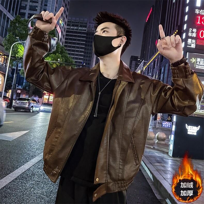 高级感加绒加厚皮衣男短款潮流宽松翻领外套P810-P148加绒P158,男装皮衣,电商A368
