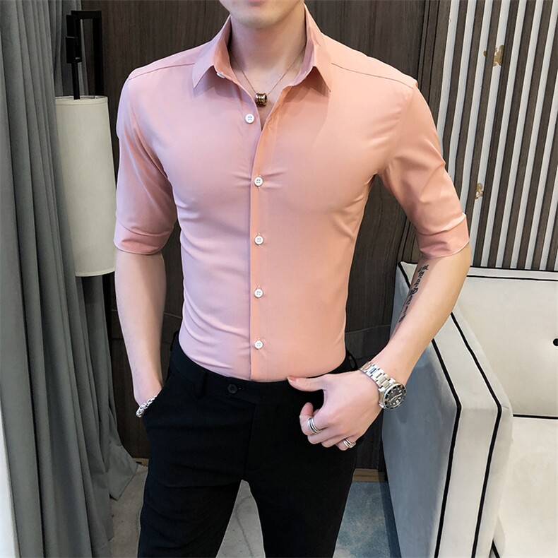 243-P552020韩弹力纯色中袖衬衫潮流发型师百搭修身衬衣,男装衬衫,星座312A-5