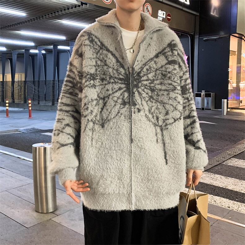 秋款男开衫毛衣蝴蝶扎染貂绒针织衫宽松外套M2401 P68图片