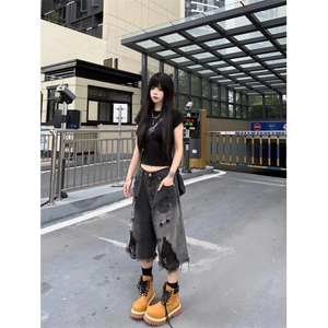 CP1169-P42 美式高街破洞牛仔短裤潮流新款简约原宿日系中裤图片