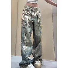 H202-P53美式直筒牛仔裤AC风格年度牛王3D错觉印花链条，男装牛仔裤，电商B323A