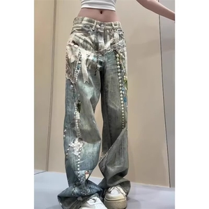 H202-P53 美式直筒牛仔裤AC风格年度牛王3D错觉印花链条图片