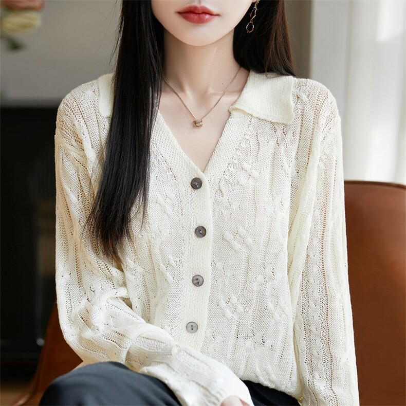 25春秋莱赛尔天丝针织毛衣开衫女POLO领镂空提花长袖宽松外套上衣,女装蕾丝衫/雪纺衫,暖烁羊绒