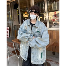 水洗涂鸦破洞牛仔外套男秋季vibe潮牌高街设计感宽松做旧翻领夹克，男装工装外套，星座1013