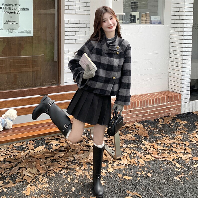 美式复古格纹双面羊绒外套女秋冬超火好看高级感加厚毛呢夹克上衣,女装双面呢大衣,千千佰惠