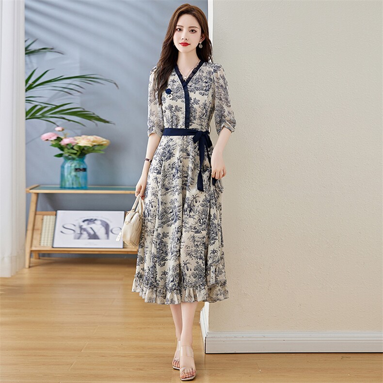 《现货新品》轻薄中袖气质舒适印花连衣裙,女装连衣裙,魅丽静蓝