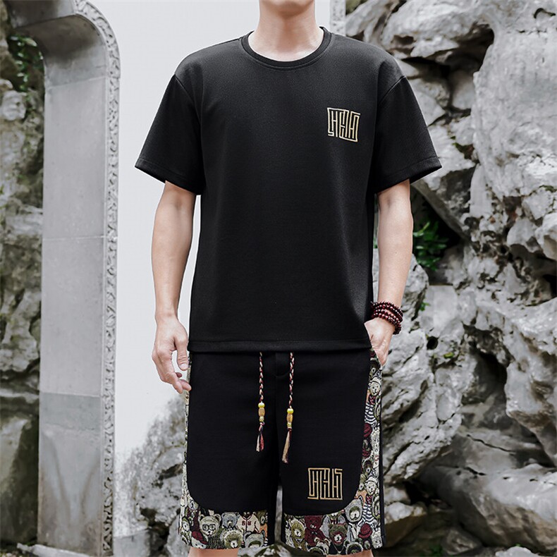 夏季薄款休闲运动套装男刺绣拼接小熊两件套宽松A266-TZ7708-P48图片