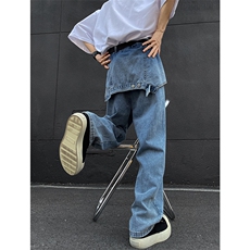 8XL-M特大码假两件牛仔裤男美式高街直通设计感背带裤子K975P68，男装牛仔裤，电商D206-1