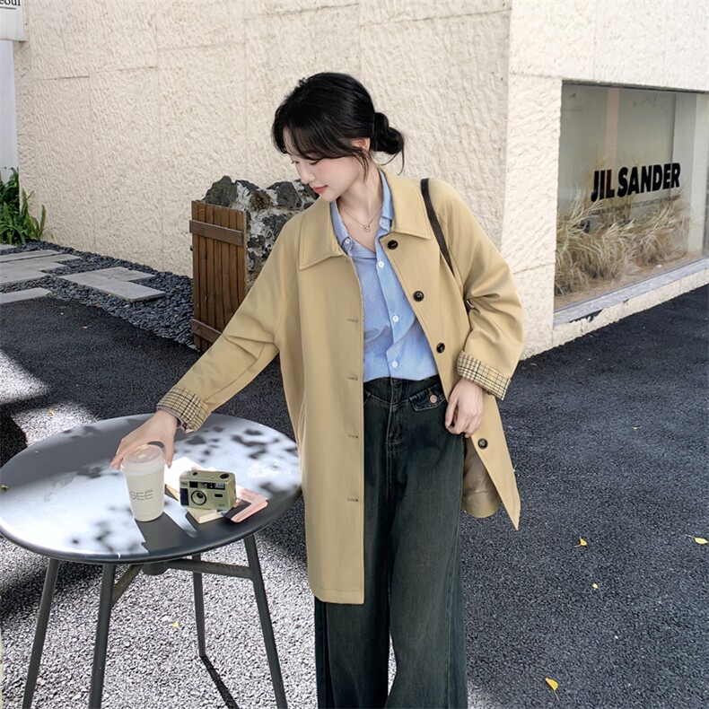 卡其色复古格纹袖口拼接风衣外套女2025秋季英伦风气质中长款大衣,女装风衣,2C092