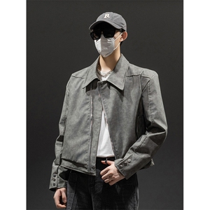 抖音品质秋款男皮夹克侧边拉链开叉扎染休闲皮外套垫肩JK0138 P65图片