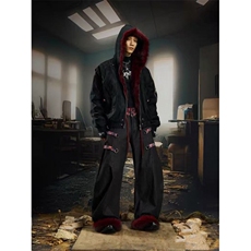 网图秋冬美式复古连帽座山雕保暖棉服毛衣加绒加厚夹克外套，男装针织衫/毛衣，电商C307