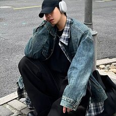假两件拼接格子牛仔外套男款美式复古潮牌炸街工装牛仔衣痞帅夹克，男装工装外套，星座506A