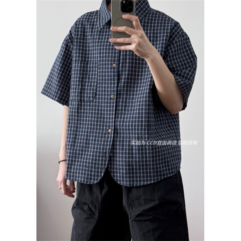 WE1660-P44美式复古格子短袖衬衫男女夏季宽松休闲五分休闲衬衫，男装T恤，电商B323A
