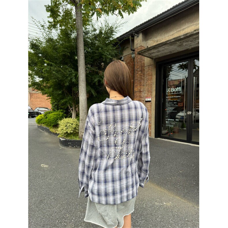XZ-221-1/C70/P55美式高街设计感格纹珍珠衬衣男女百搭慵懒衬衫,男装衬衫,星座221-1