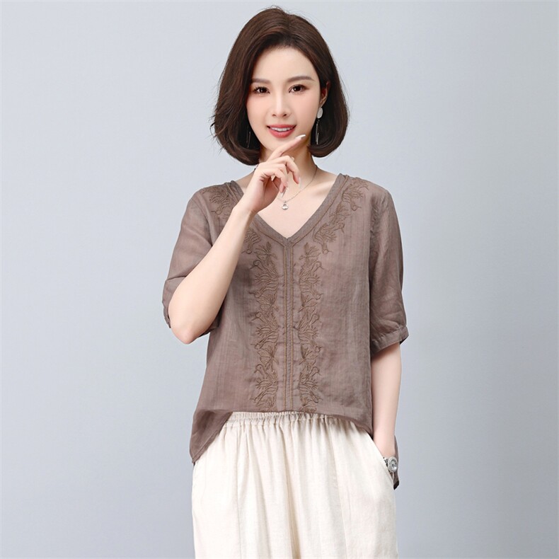 苎麻衬衫女短袖2023新款夏季v领刺绣衬衣小个子妈妈小衫时尚上衣,女装T恤,涵誉