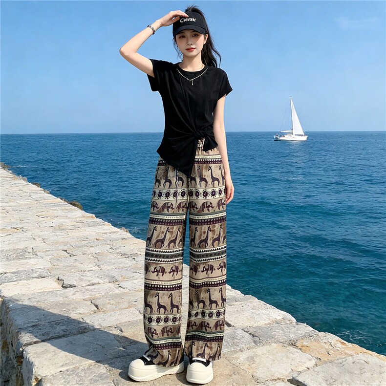小个子时尚减龄套装显瘦圆领不规则短袖上衣松紧腰直筒长裤两件套,女装套装/套裙,江南