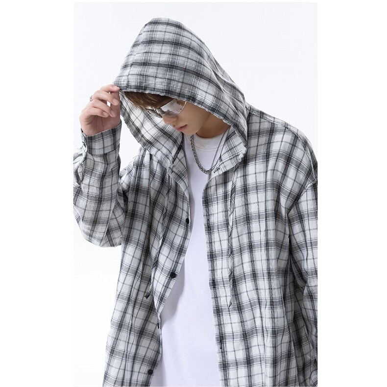 日系连帽格子衬衫男女夏薄款长袖衬衣宽松防晒衫外套7711-P49官图,男装防晒衣,电商B245