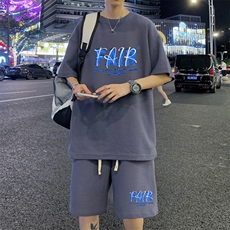 ！2024夏季男士字母印花华夫格短袖套装学生一套HTZ17P50，男装T恤，电商B220