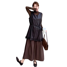 法式复古气质休闲连衣裙套装女秋季2025新款打底衫背心皮裙两件套，女装套装/套裙，橙子家