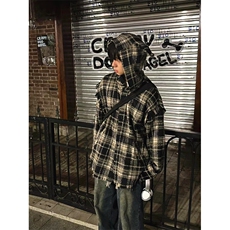 秋季新小众设计师款红色格子毛边宽松连帽衬衫式外套CK53，男装衬衫，星座1116A（原606A-3）