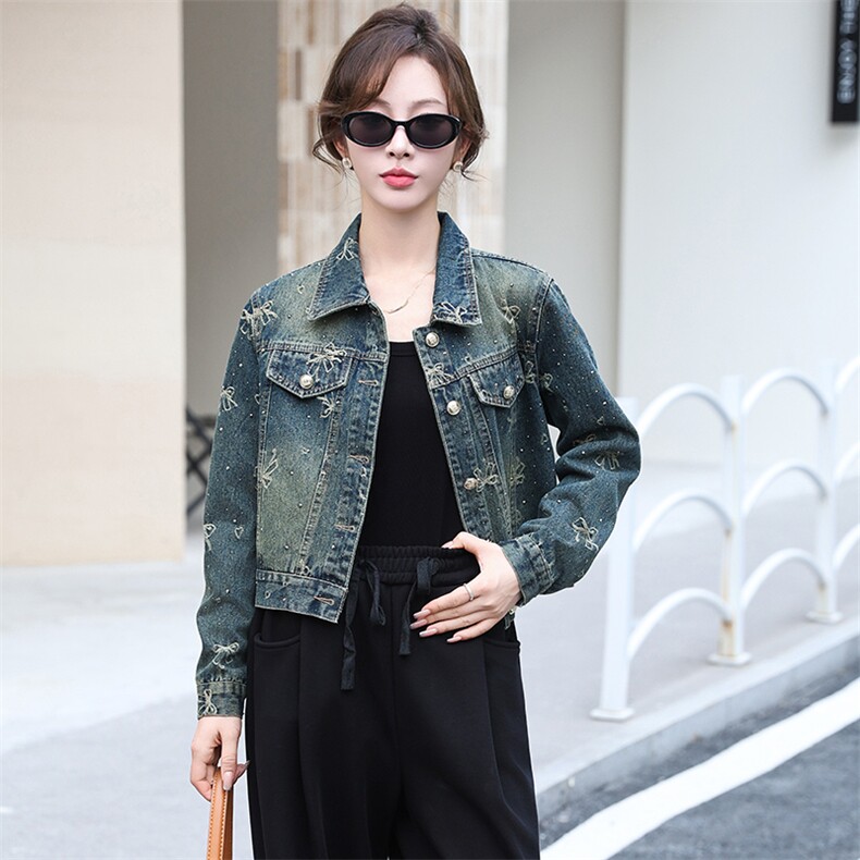 早秋新款牛仔外套女2024休闲韩版时尚刺绣蝴蝶结烫钻洋气百搭上衣，女装牛仔外套，美拉德工厂直营店
