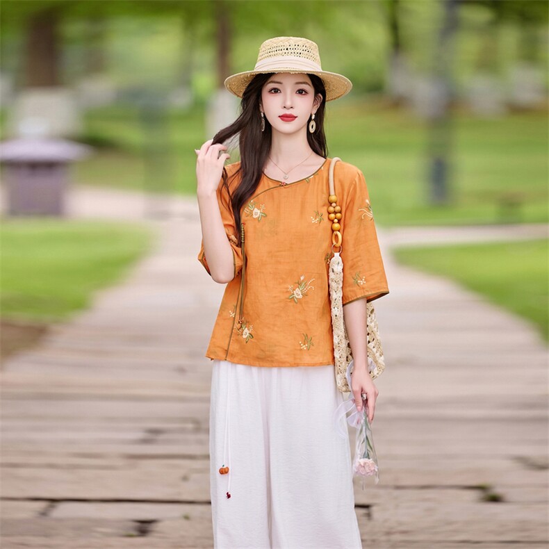 时尚洋气刺绣苎麻套装女2026夏季新款宽松遮肉显瘦阔腿裤两件套,女装套装/套裙,魅影