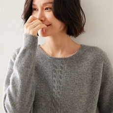 2024秋季新款圆翻领长袖坑条修身舒适35%羊绒衫，女装羊绒衫，七柒羊绒