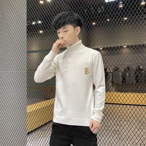 秋冬可翻高领毛衣男B纯色长袖男刺绣毛衫打底针织衫米白M252P33图片