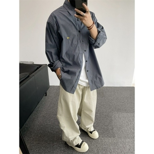 1506/Q22600/P46细条纹衬衫宽松廓形刺绣学院长袖防晒休闲衬衣图片