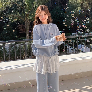 蓝色卫衣套装女连帽蕾丝拼接2025春季新款学院风减龄阔腿裤两件套图片