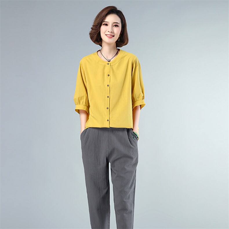衬衫时尚百搭圆领短袖纯色宽松2021年夏季,女装衬衫,独衣靓