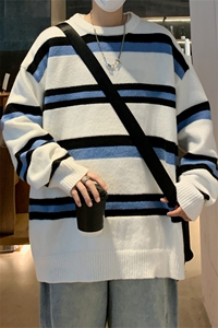 M9106/P60秋冬新款圆领毛衣男百搭简约潮宽松条纹打底针织衫图片