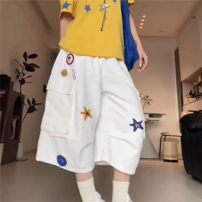 美式复古设计感星星刺绣趣味工装裤子女辣妹宽松慵懒风七分中裤潮,男装工装外套,星座1210-1