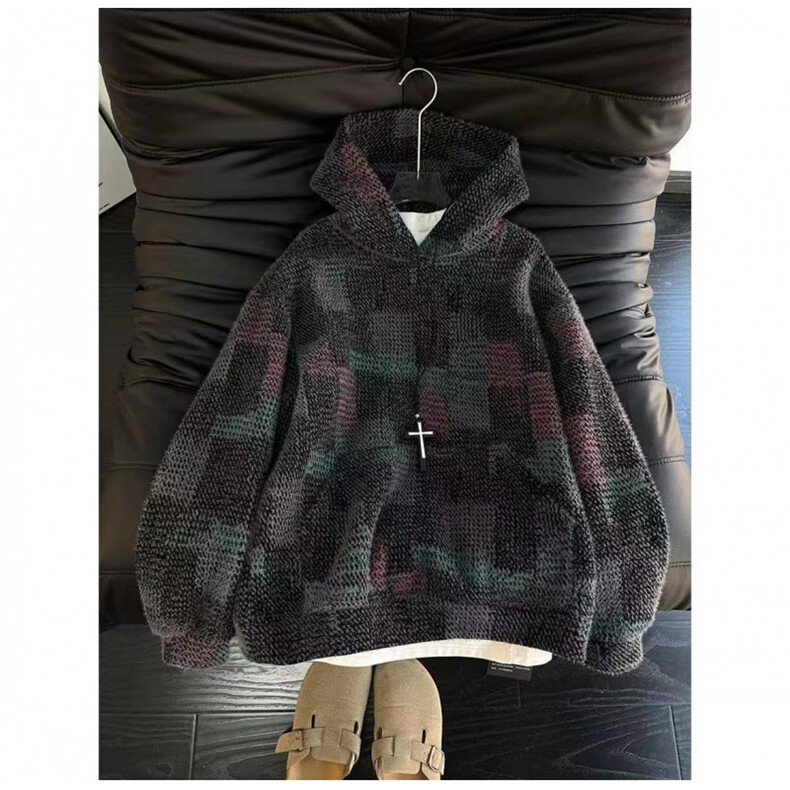 网图卫衣男春秋绒面七彩格子慵懒风美式连帽外套A157-1-W6606-P65，女装短外套，电商A157-1