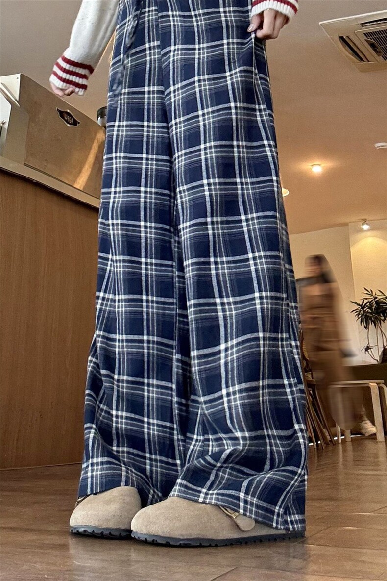 蕾丝花边格子休闲裤女秋季2025新款磨毛设计宽松阔腿裤AK2445p50,女装休闲裤,星座617A-2