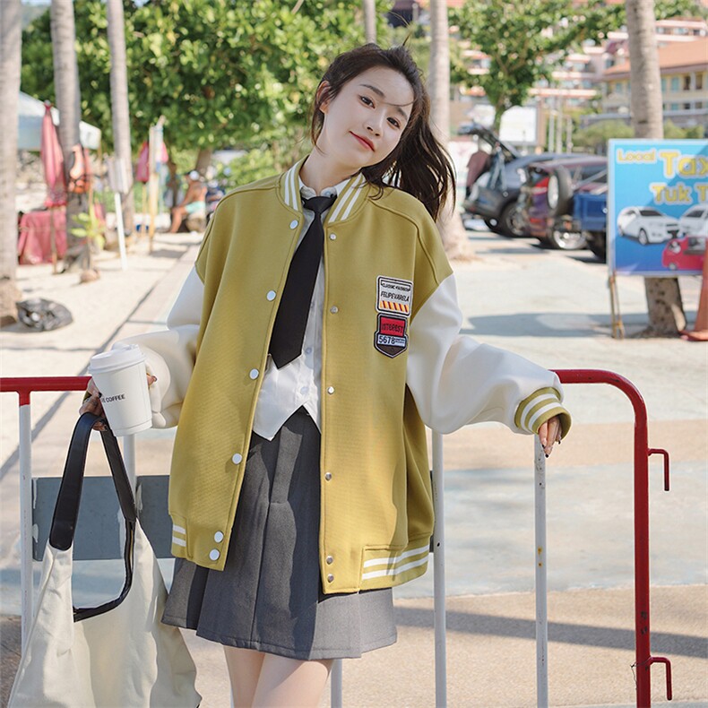 高级小众学院风黄色棒球服外套女春秋2025年超火好看短款夹克上衣,女装短外套,2C056