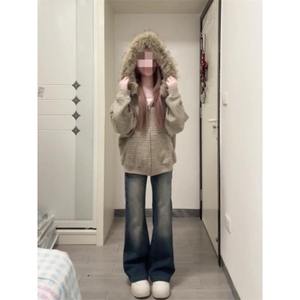 美式情侣复古亲肤保暖毛呢条纹连帽卫衣外套男女新款百搭夹克上衣