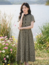 弹力面料学院风格纹连衣裙女春夏收腰显瘦中长裙格子裙子，女装连衣裙，水衣源