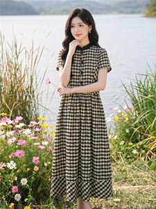 弹力面料学院风格纹连衣裙女春夏收腰显瘦中长裙格子裙子图片