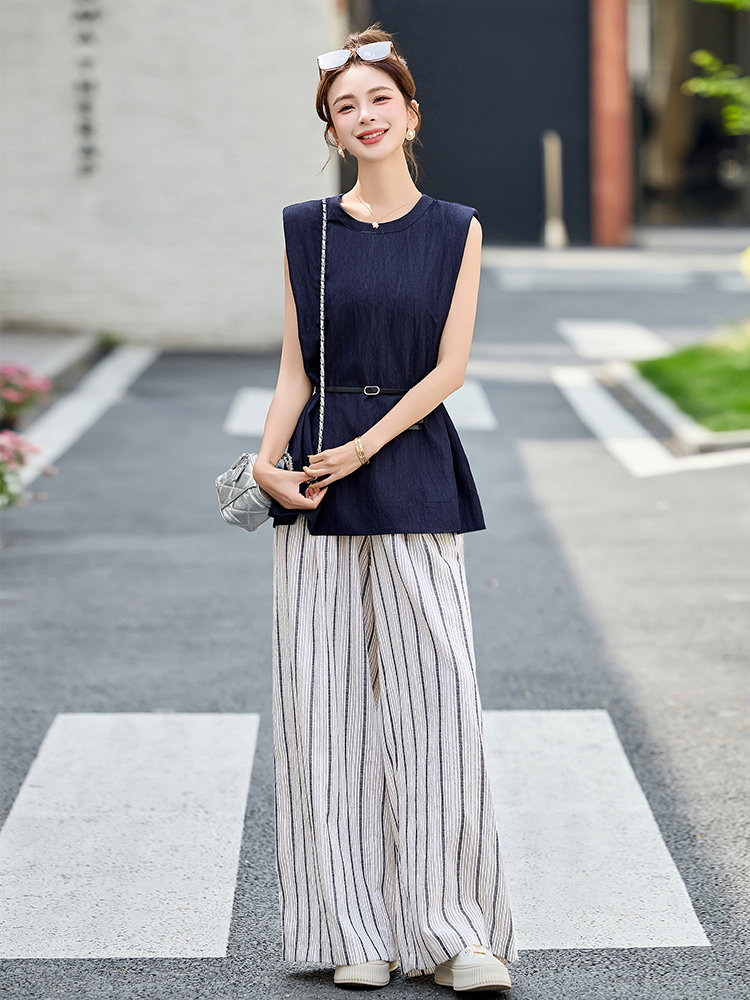 时尚条纹阔腿裤两件套女2025新款夏季无袖背心轻熟风休闲气质套装,女装套装/套裙,韩宇舍