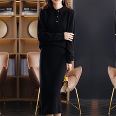 秋冬季羊毛POLO领上衣侧开衩H裙简约优雅套裙，女装套装/套裙，君贝羊绒