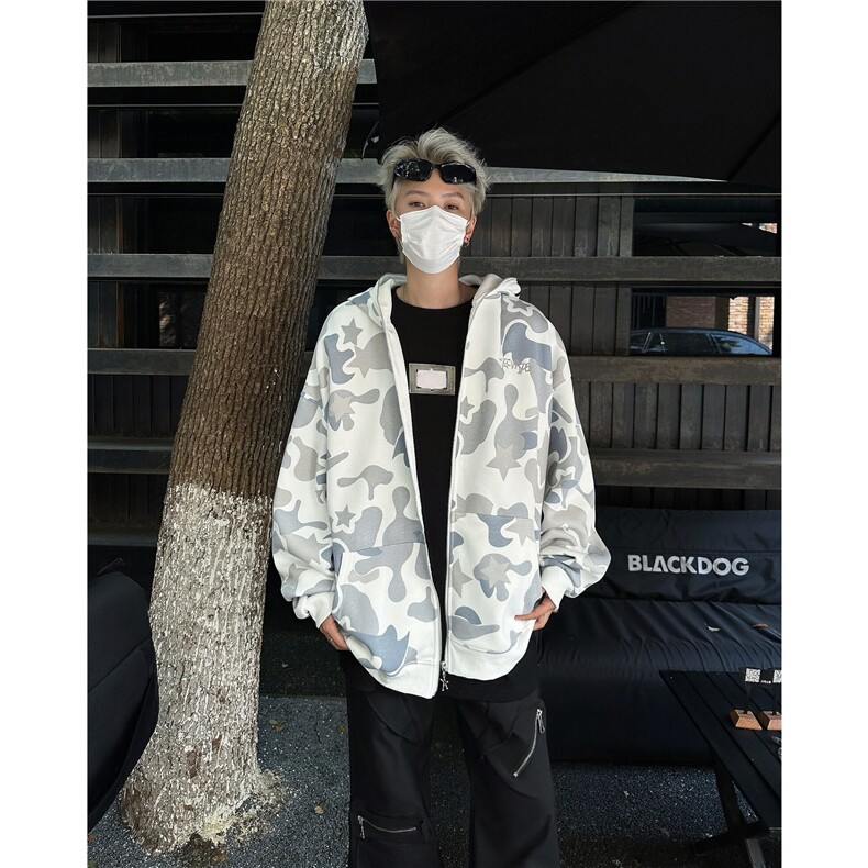 美式高街双帽迷彩鲨鱼拉链卫衣外套男女春秋hiphop潮牌情侣帽衫,男装卫衣,星座601-1