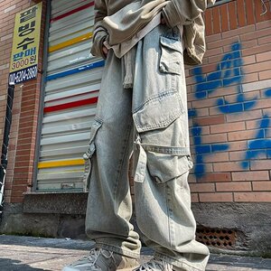 N31-P52 美式复古工装牛仔裤男女直筒宽松阔腿松紧腰裤子潮牌图片