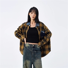 1506/QJ020/P44美式复古格子衬宽松潮牌痞帅休闲衫衣上衣外套，女装短外套，星座1506