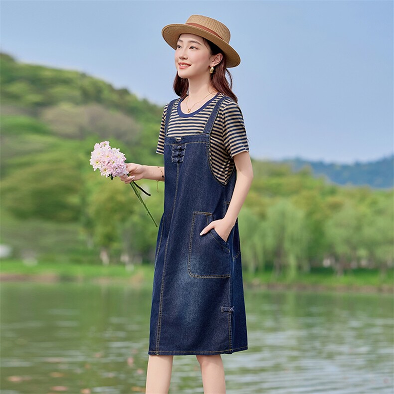 2025夏季女拼接休闲假两件连衣裙遮肉显瘦减龄大码洋气牛仔背带裙,女装连衣裙,利佳可人