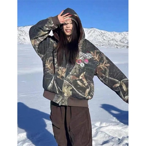 连帽牛仔棉服男女重磅迷彩树枝座山雕加绒加厚夹克外套 JK64图片