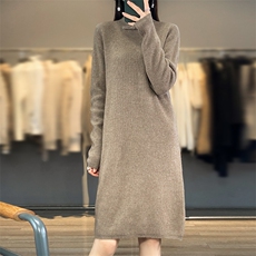 秋冬季羊毛休闲时尚通勤内搭百搭元宝中长盘扣立领连衣裙，女装连衣裙，越洋羊
